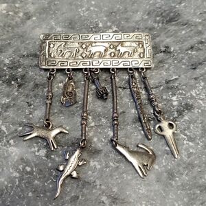 Vintage 80s NATIVE BROOCH PIN PENDANT TRIBAL CAVE ART ANIMALS CHARMS VTG